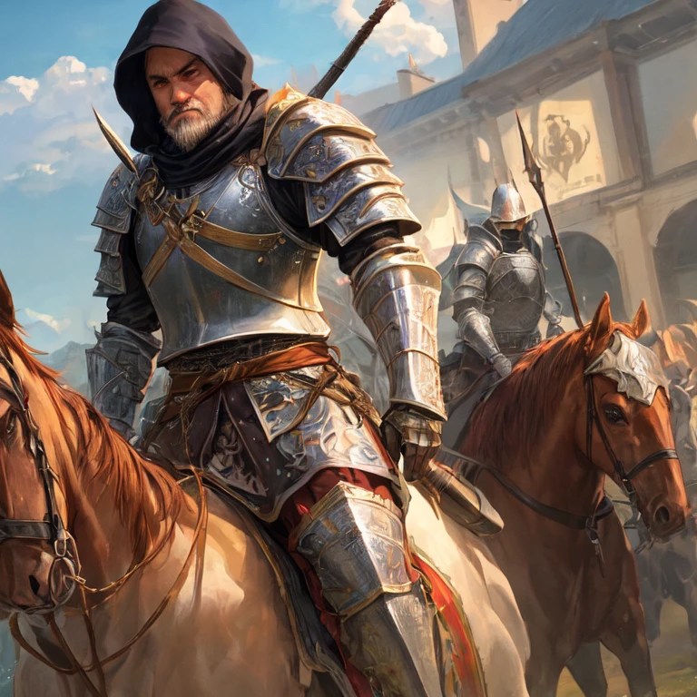 A tall middle-aged bandit man on horseback wearing heavy armor with a tournament spear and sword