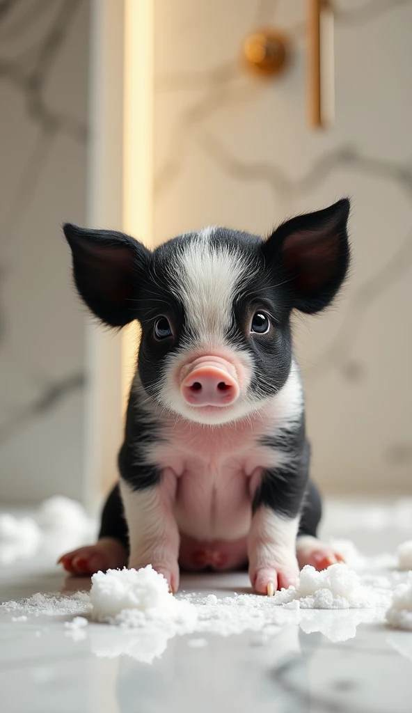 A cute and realistic black and white piglet, sit on the floor,With a big belly like a big balloon,Big bright eyes, Fluffy, Delicate and exquisite, Real version of pig,Play with real white foam in the bathroom,Pure white high-end bathroom background,Character front position,9:16 frames,Ultra-high-definition picture quality