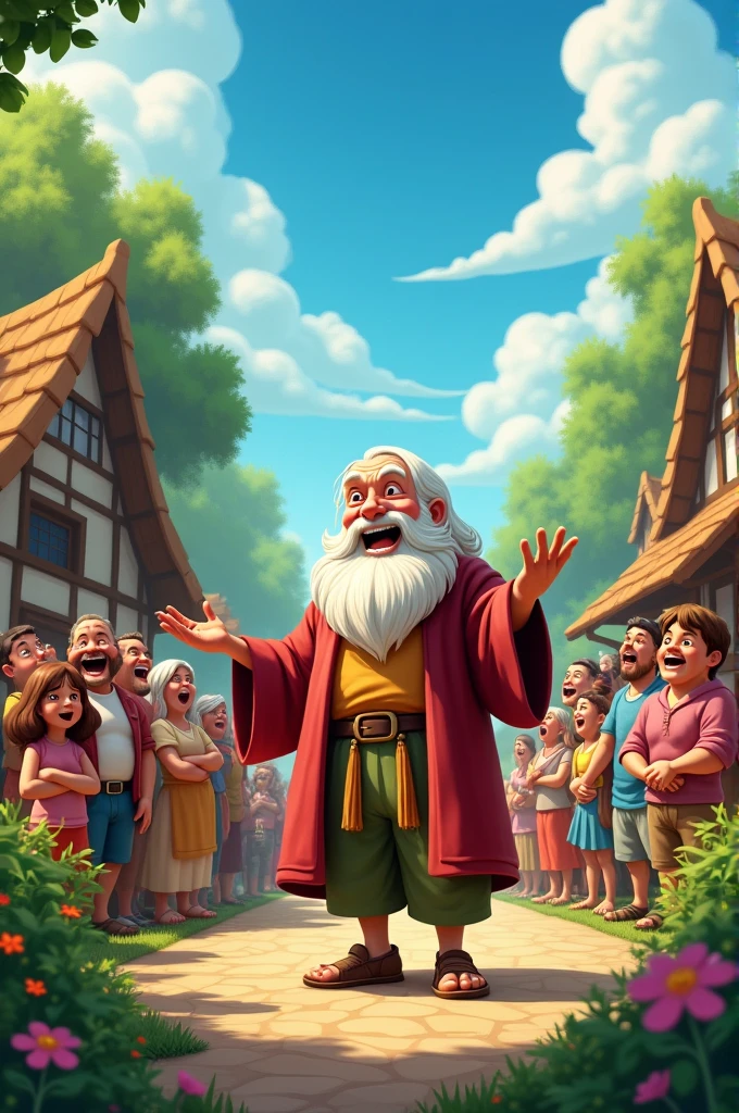 The sage is telling a joke, and the villagers are depicted in three stages