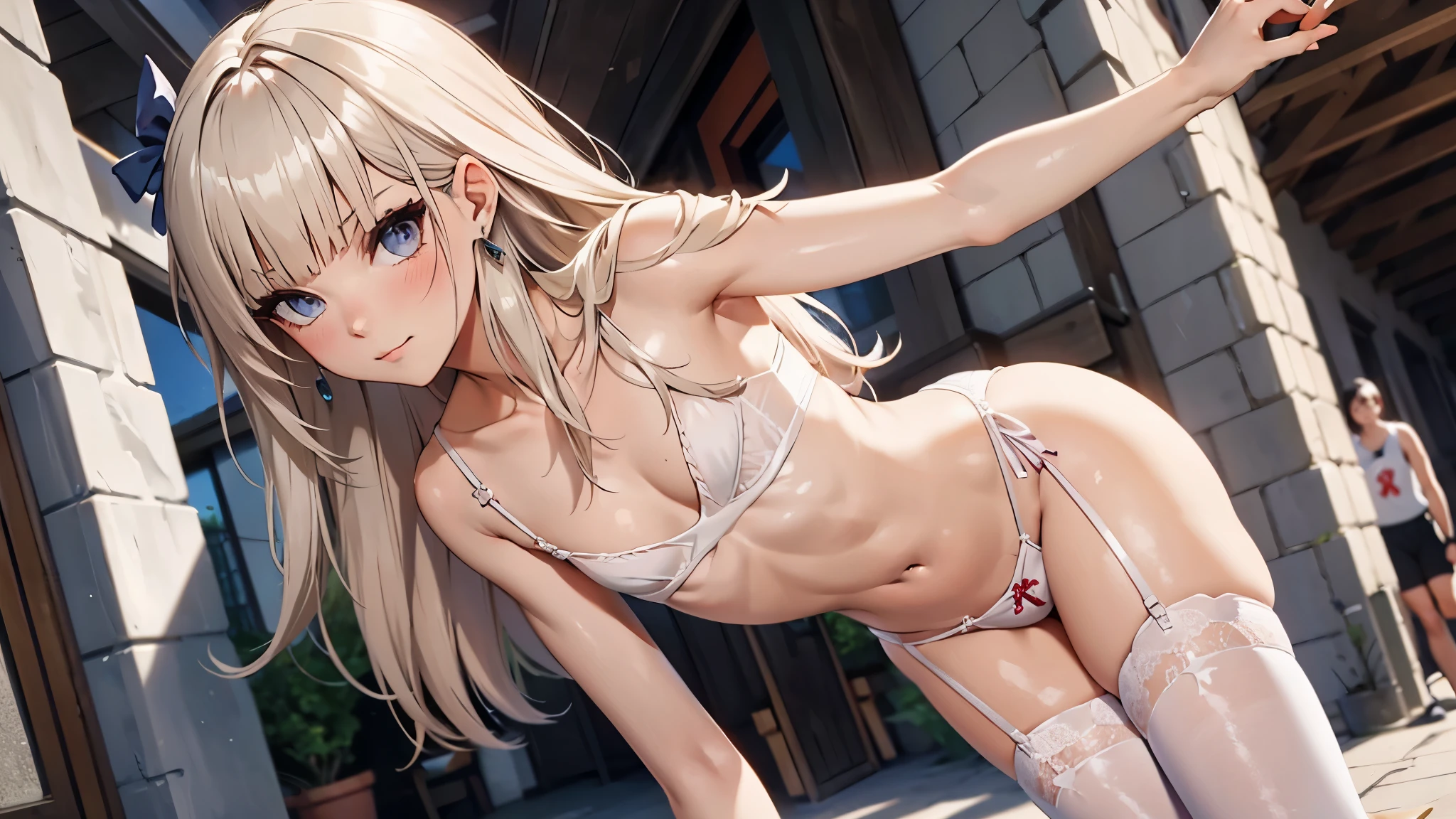 fullnude、(boy crossdresser:1.3), (transvestite:1.3), boys in girls lingerie in a courtyard, young male in girls' underwear, (sissy boys:1.3), (bulge in panties:1.3), traps, cute bow, pubic hair, shy small smile, (FLATCHESTED:1.3)、male chest, flat chest, superflat chest, (one embarrassed boy in lingerie), white lace bra size 0, zero breast size, blunt bangs, Shiny hair, Delicate beautiful face, deep eyes, White skin, earrings, slender legs, Enjoys dressing up as a girl