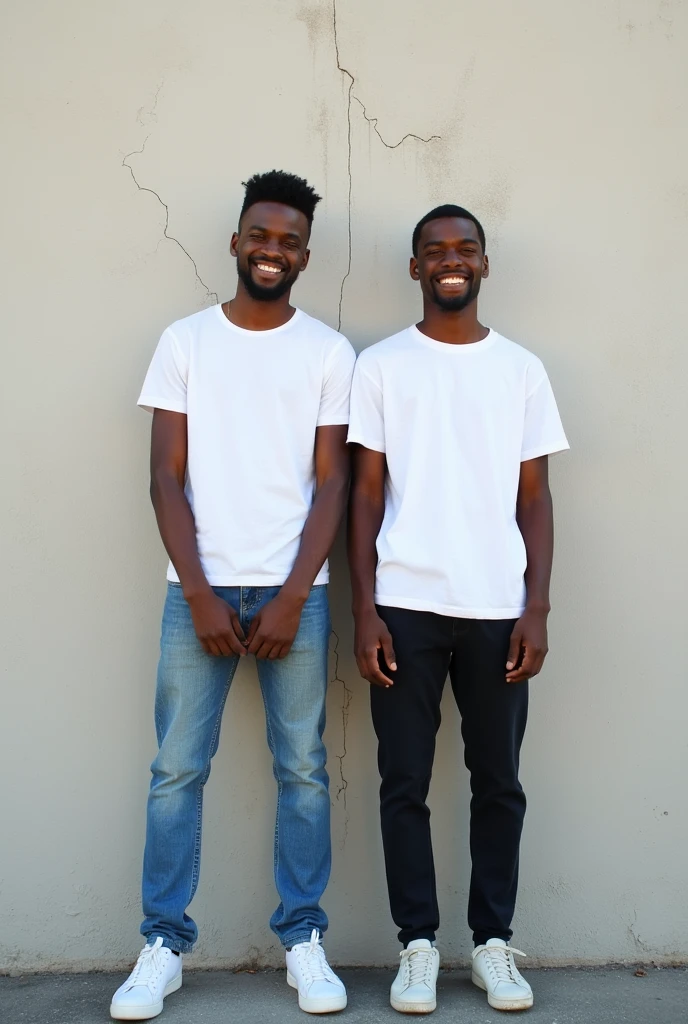 Create a split-image of the same brown skinned Ethiopian man shown side by side against a a little bit cracked wall background to illustrate a before and after transformation. In the 'before' image on the left, depict the man as shorter and wearing a plain white T-shirt and jeans. In the 'after' image on the right, show the same man taller, with no change in physique, wearing the same white T-shirt but with casual pants instead. Both images should have the man smiling and looking directly at the camera, with a noticeable difference in height and presence. The background should be minimalist with natural lighting, highlighting the transformation. Make the picture realistic