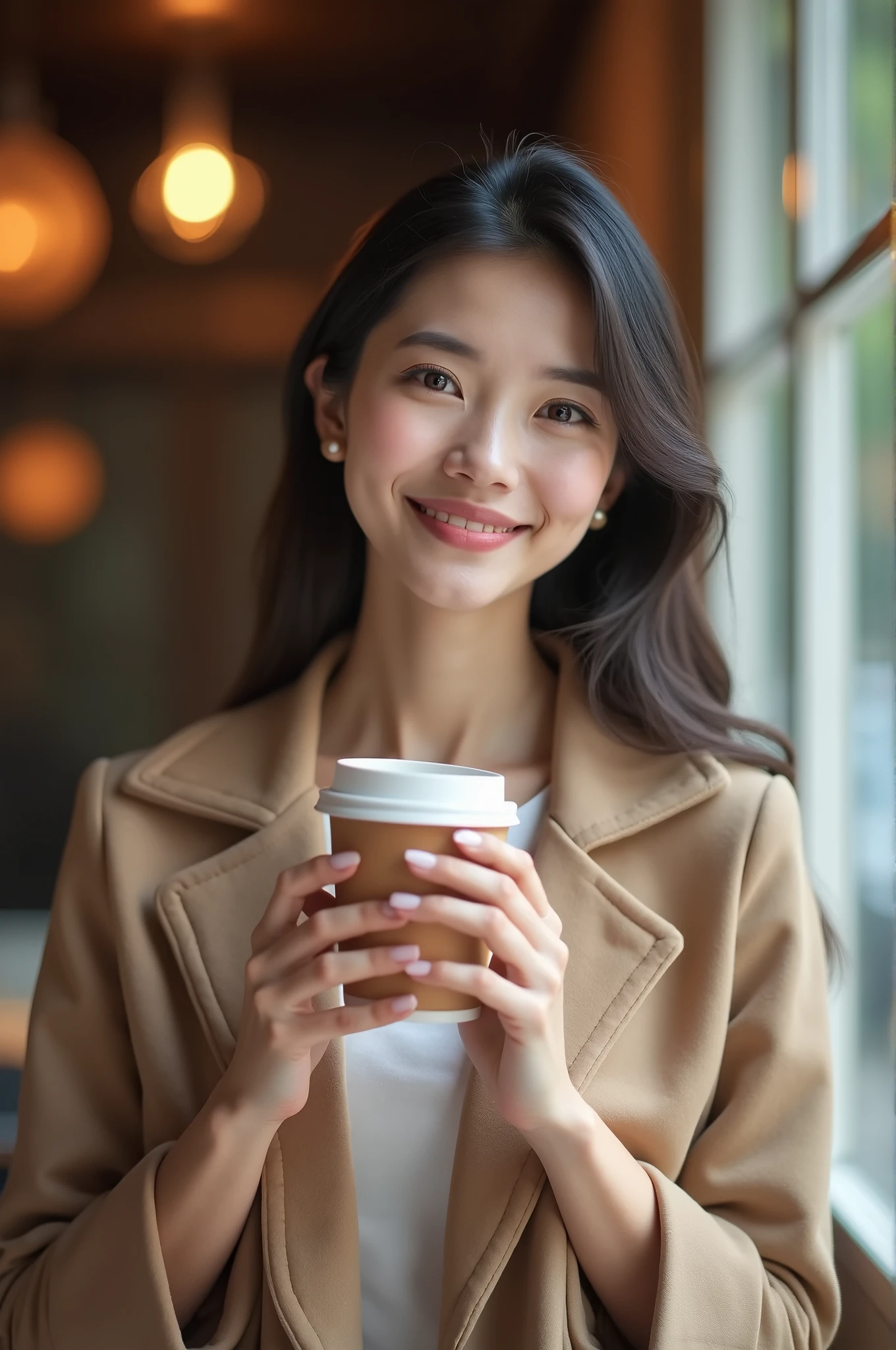 Close-up of the shot,Cafe,window,Beautiful and elegant Asian lady,Holding paper cup
