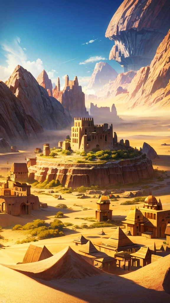 Unreal, (village), (town), A peaceful town of earth crystals in the desert, A colossal fang im the middle of the town, (hobbit architecture), yellow hue, sky with bright sunlight and sand storm.