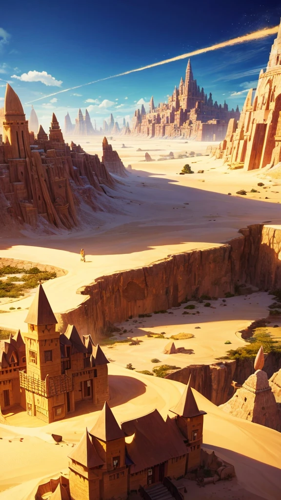 Unreal, (village), (town), A peaceful town of earth crystals in the desert, A colossal fang im the middle of the town, (hobbit architecture), yellow hue, sky with bright sunlight and sand storm.