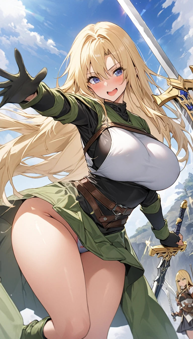 Ultra-high definition image quality、beautiful girl、Female Swordsman、Light Armor、Green Boots、Long Hair、blonde、20-year-old、have confidence々face、Very short tight skirt、Cowgirl、wilderness、Highest quality,Big Ass、Big Breasts、Thighs、Grasping the hilt of the holy sword Excalibur、Black panties、Kick off with your feet and jump、Joan of Arc style clothing、Wind King Barrier、Her hair is fluttering in the wind、The Sword of Promised Victory、god々Wearing a bright aura、Big Ass、Valkyrie
