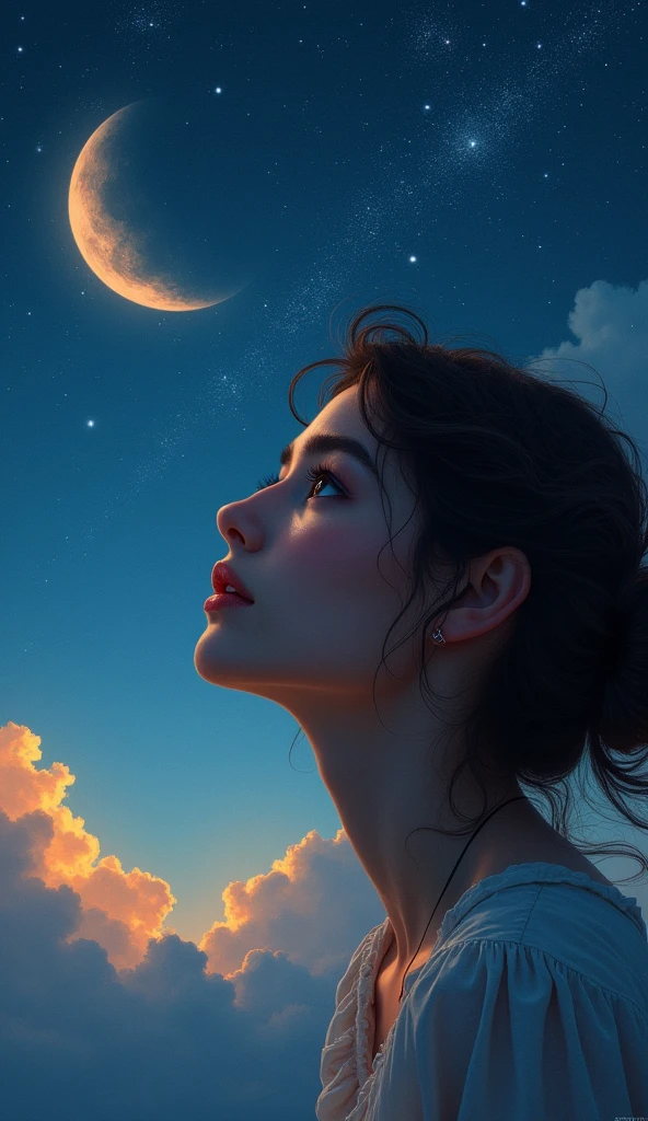 1girl, star-filled night sky, half moon, clouds, beautiful detailed eyes, beautiful detailed lips, extremely detailed face, long eyelashes, serene expression, (best quality,4k,8k,highres,masterpiece:1.2),ultra-detailed,(realistic,photorealistic,photo-realistic:1.37),painting,landscape,dramatic lighting,moody atmosphere,vibrant colors,dynamic composition