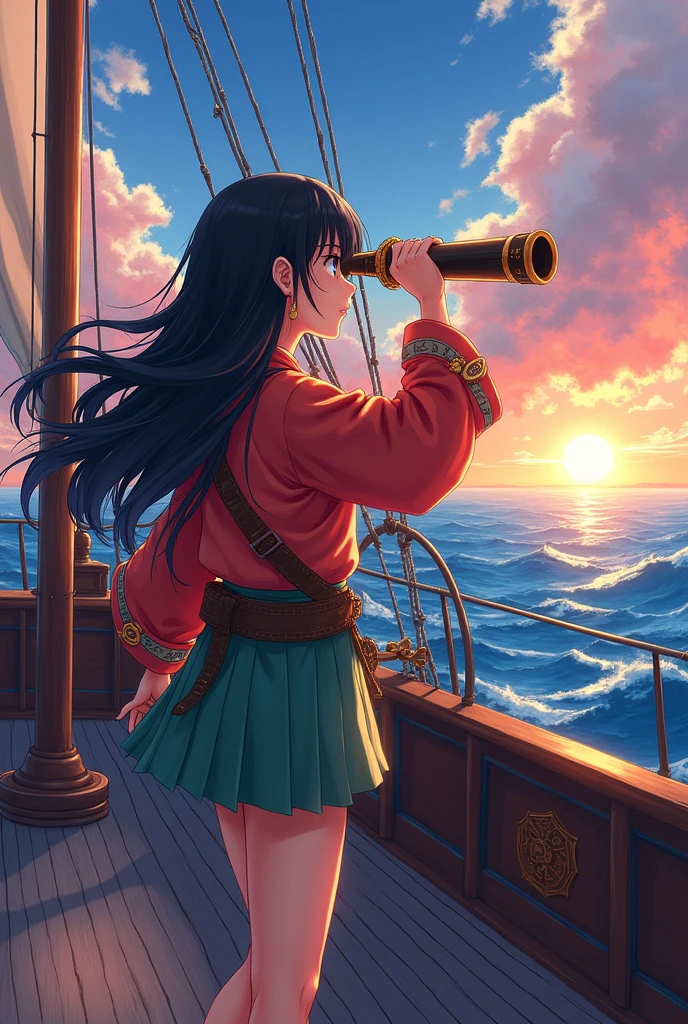 Japanese female explorer、Japanese anime style、Sailing、Looking through a telescope