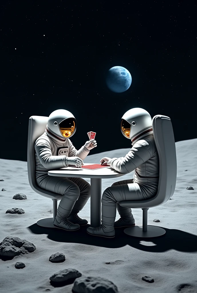 Two astronauts sitting in floating chairs, in the middle of a card game on the lunar surface, with the cards suspended in the air around him.