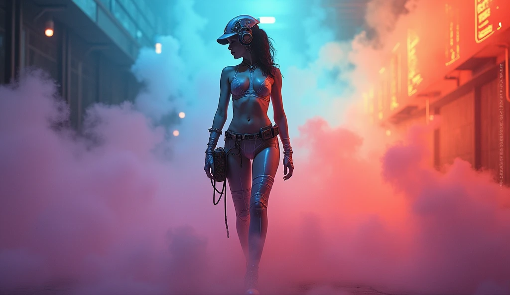 photoillustration of massive psychedelic color mysterious fog wrapped and covering a sexy steampunk girl's body, luminescent transparent clear topless bodysuit, iconic model_walking stance, provocative seductive expression, advance cybernetic head gear, waist gear_bag, glowing skin, dramatic shadows, dramatic lights, interlacing elements, full torso, athlete posture body, low angle shot, fantasy art, two tones, digital manipulated photo art, ultra-detailed, crisp clarity, high-contrast, luminous ambiance, rich textures, intricate patterns, vivid colors, cinematic lighting, accurate anatomical proportions. realistic digital art, highly detailed vfx portrait, amazing massive cybernetic background, amazing digital art, hyperrealistic fantasy art