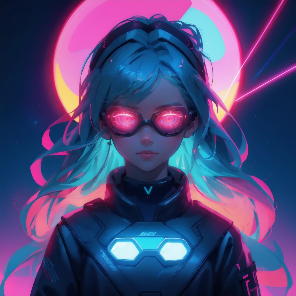 A neon-lit scene with a blue background, featuring a close-up of a character wearing laser goggles emitting red beams. Replace the character with multiple beautiful, cute girls wearing similar goggles, maintaining the neon-lit aesthetic and background.