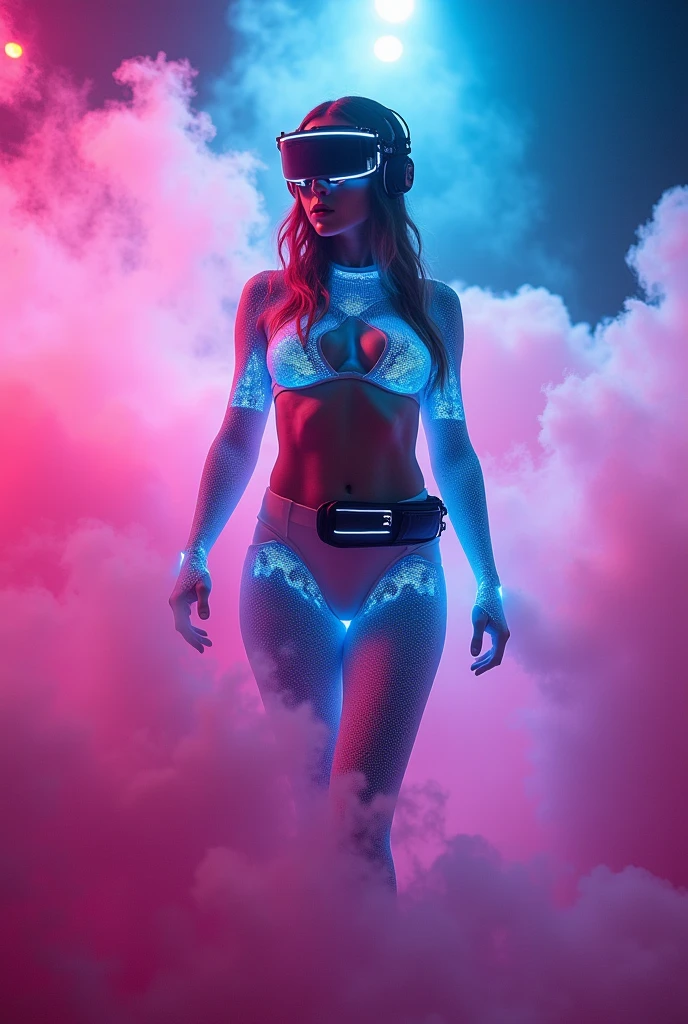 photoillustration of massive psychedelic color mysterious fog wrapped and covering a sexy steampunk girl's body, luminescent transparent clear topless bodysuit, iconic model_walking stance, provocative seductive expression, advance cybernetic head gear, waist gear_bag, glowing skin, dramatic shadows, dramatic lights, interlacing elements, full torso, athlete posture body, low angle shot, fantasy art, two tones, digital manipulated photo art, ultra-detailed, crisp clarity, high-contrast, luminous ambiance, rich textures, intricate patterns, vivid colors, cinematic lighting, accurate anatomical proportions. realistic digital art, highly detailed vfx portrait, amazing massive cybernetic background, amazing digital art, hyperrealistic fantasy art