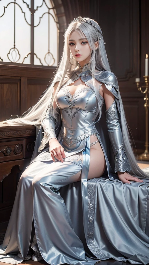 model shoot, (1 girl), long hair, silver hair, Islamic warrior, silver outfit, laces, shining:1.5, hyper realistic, super detailed, Dynamic shot, masterpiece, scene sharp détails, perfect eyes, perfect skin, perfect hands, sitting,