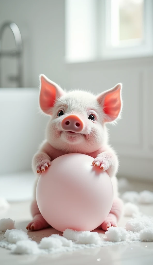 A cute and real pig, sit on the floor,With a big belly like a big balloon,Big bright eyes, Fluffy, Delicate and exquisite, Real version of pig,Play with real white foam in the bathroom,Pure white high-end bathroom background,Character front position,9:16 frames,Ultra-high-definition picture quality