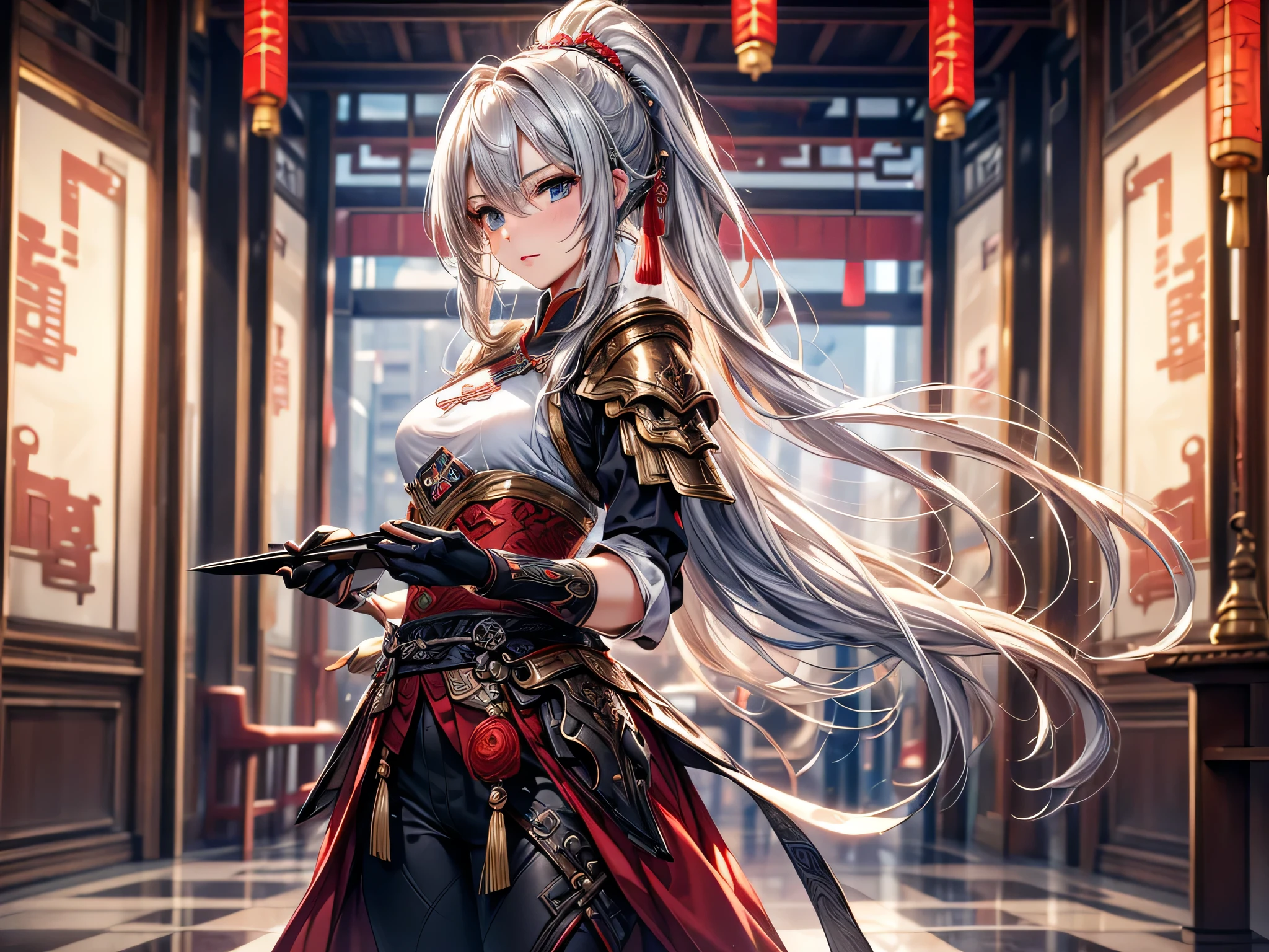 ((Ultra-delicate)), (Be focused), (high resolution), Deformed depth of field blurred background, (Detailed background), Perfect layer cut, (full-body shot/Cowboy shooting), wallpaper, One, Lovely beauty, alone, Silver hair with gradient stripes and blue tail, ponytail, Light blue eyes, thin eyebrows, long upper eyelashes, Double eyelids, Upper Eye, delicate eyes, Sexy lips, lip details, complicated, Female General, Oversized Combat Knife, silver and red, Gorgeous, Full body armor, Combat boots, of the Tang Dynasty, Chang'an Avenue, Chinese style, CG unity, 8k