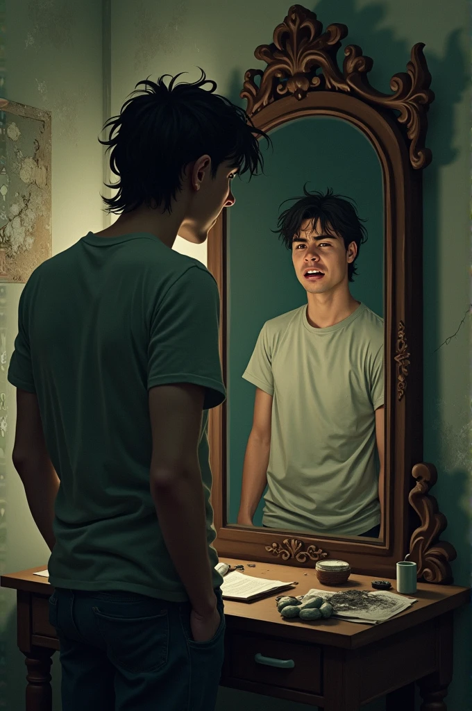 Man standing in front of mirror, mirror image is getting frustrated