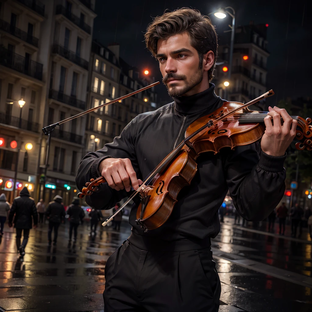 Top Quality, Masterpiece, Ultra High Resolution, close-up photo of a handsome man on the street, playing violin, on the night with pour rain, has short, messy dark brown hair, amber-colored eyes, typical clothing like a street busker in Paris, France; wear black turtleneck shirt, NO from mustache or beard, white skin color slightly tanned.