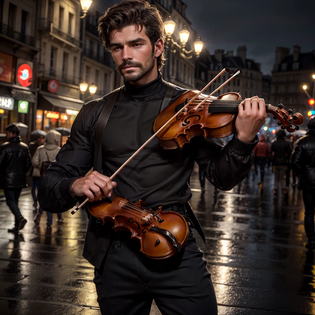 Top Quality, Masterpiece, Ultra High Resolution, close-up photo of a handsome man on the street, playing violin, on the night with pour rain, has short, messy dark brown hair, amber-colored eyes, typical clothing like a street busker in Paris, France; wear black turtleneck shirt, NO from mustache or beard, white skin color slightly tanned.