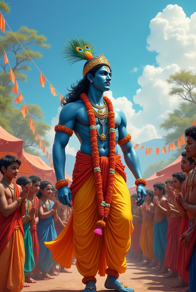 Krishna Being Called ‘Ranchod’: "Krishna being praised as ‘Ranchod’ for choosing peace over war, showing him smiling with wisdom as people offer their respects."
