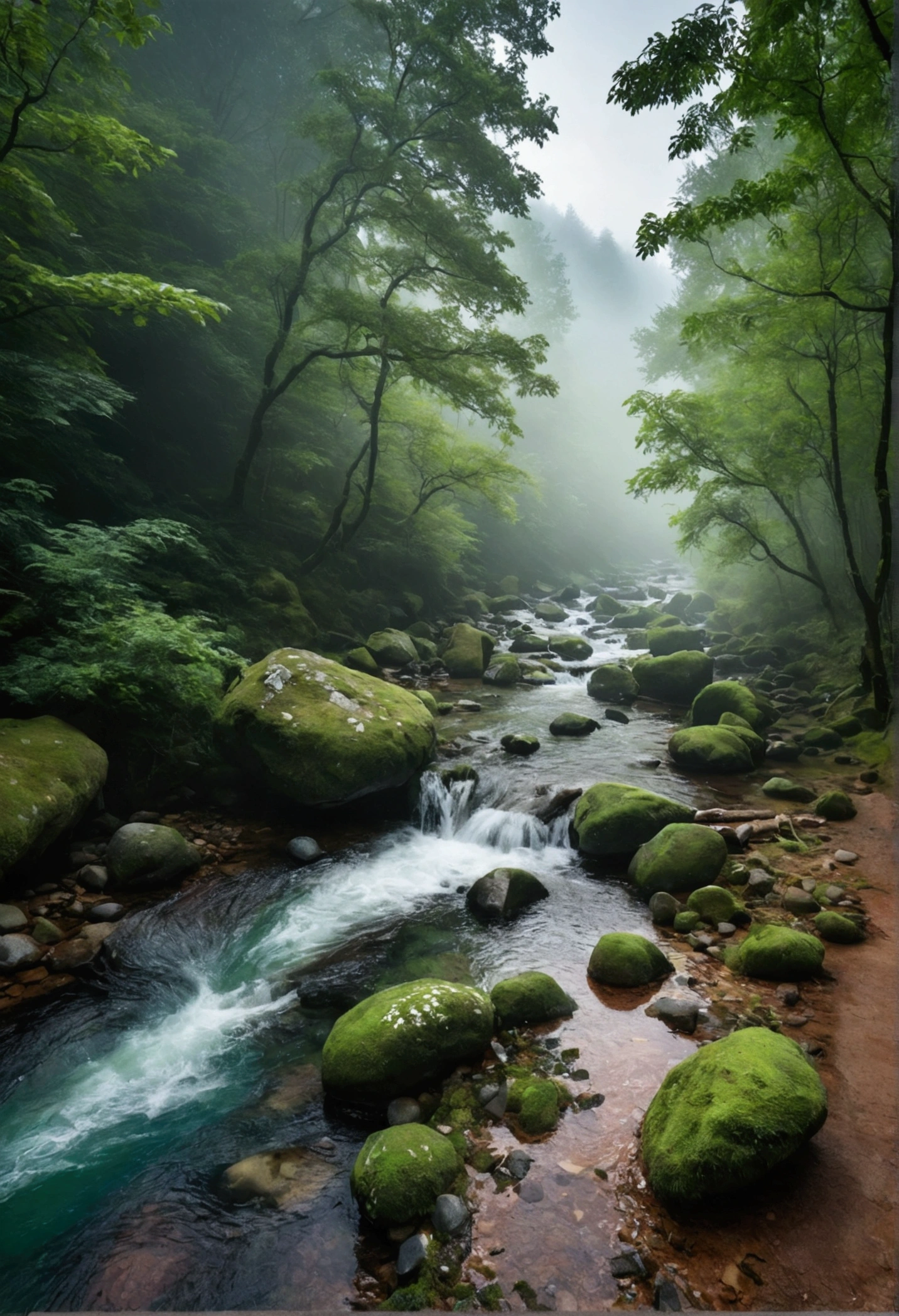 Mountain stream in primeval forest,Clouds and mist,Shooting from the top of the ancient stone road,The water is clear and you can see many small pebbles,Very fresh and natural,Emerald green, clear gray tone,The Rule of Thirds,Maximum resolution,All the details can be seen clearly,4K