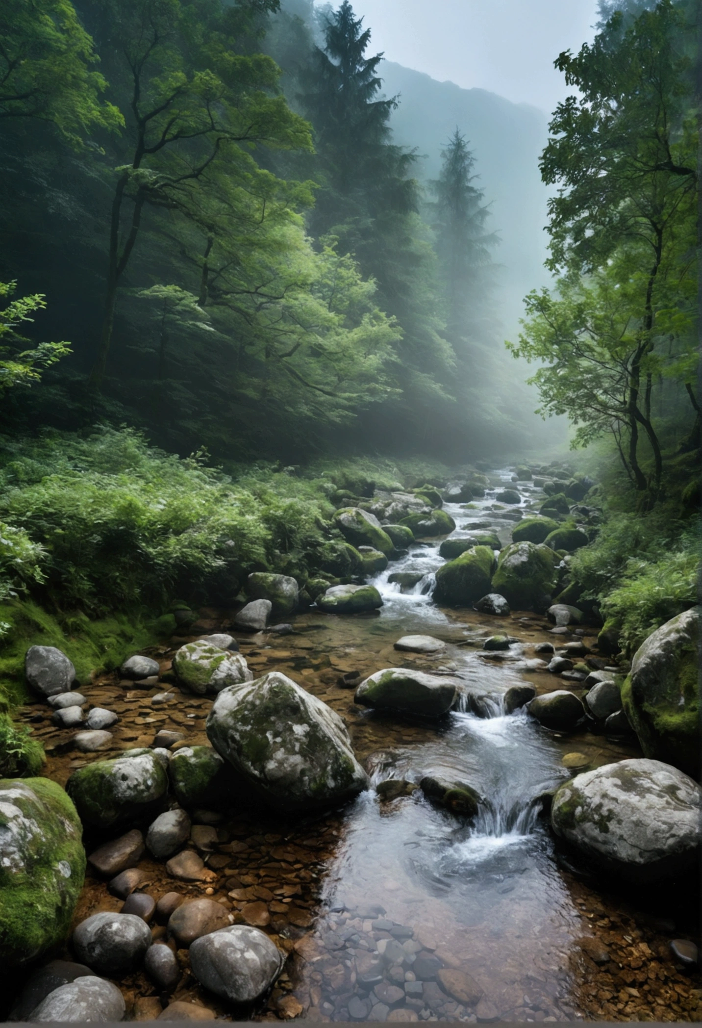 Mountain stream in primeval forest，Clouds and mist，Shooting from the top of the ancient stone road，The water is clear and you can see many small pebbles，Very fresh and natural，Emerald green, clear gray tone,The Rule of Thirds，Maximum resolution，All the details can be seen clearly，4K