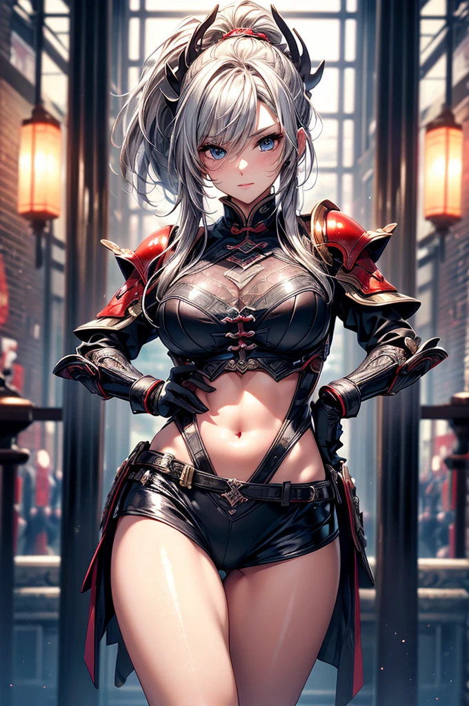 ((Ultra-delicate)), (Be focused), (high resolution), Deformed depth of field blurred background, (Detailed background), Perfect layer cut, (full-body shot/Cowboy shooting), wallpaper, One, Lovely beauty, alone, Silver hair with gradient stripes and blue tail, ponytail, Light blue eyes, thin eyebrows, long upper eyelashes, Double eyelids, Upper Eye, delicate eyes, Sexy lips, lip details, complicated, Female General, Oversized Combat Knife, silver and red, Gorgeous, Full body armor, Combat boots, of the Tang Dynasty, Chang'an Avenue, Chinese style, CG unity, 8k