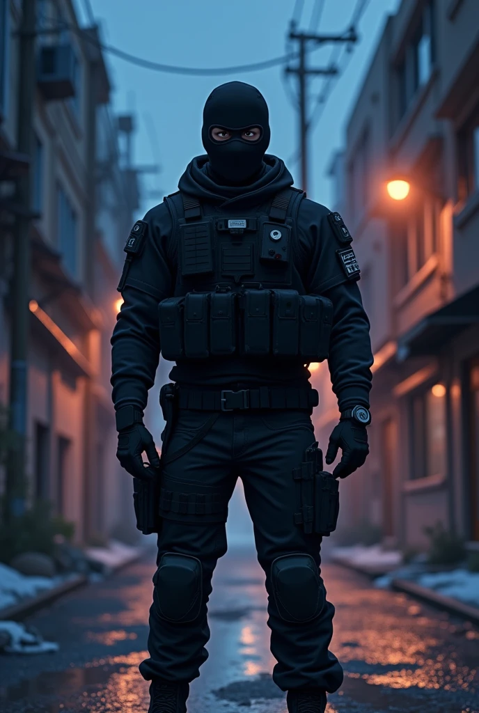One special forces army in fully black uniform and masked face he's in operation and make it animated style