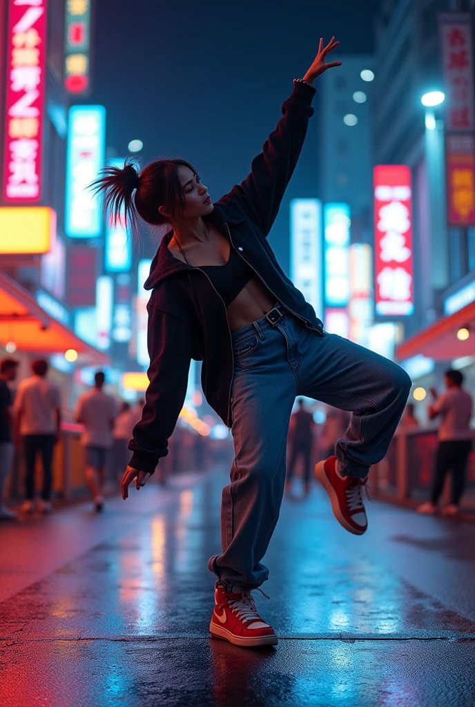 1 asian female, streetstyle hiphop fashion, baggy loose clothing, breakdancing, expressive pose, urban city environment, neon lights, cinematic lighting, vibrant colors, extremely detailed, photorealistic, 8k, film grain, dynamic composition, high quality, masterpiece