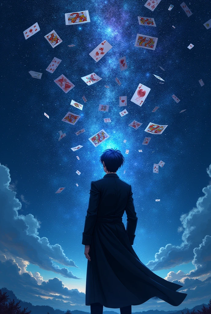 a man in a black trenchcoat looking up at the starry night sky, cards swirling around him, anime style, highly detailed, cinematic lighting, dramatic, (best quality,4k,8k,highres,masterpiece:1.2),ultra-detailed,(realistic,photorealistic,photo-realistic:1.37),dramatic lighting,moody atmosphere,dynamic composition,intricate details,vibrant colors,whimsical fantasy,surreal elements,magical realism