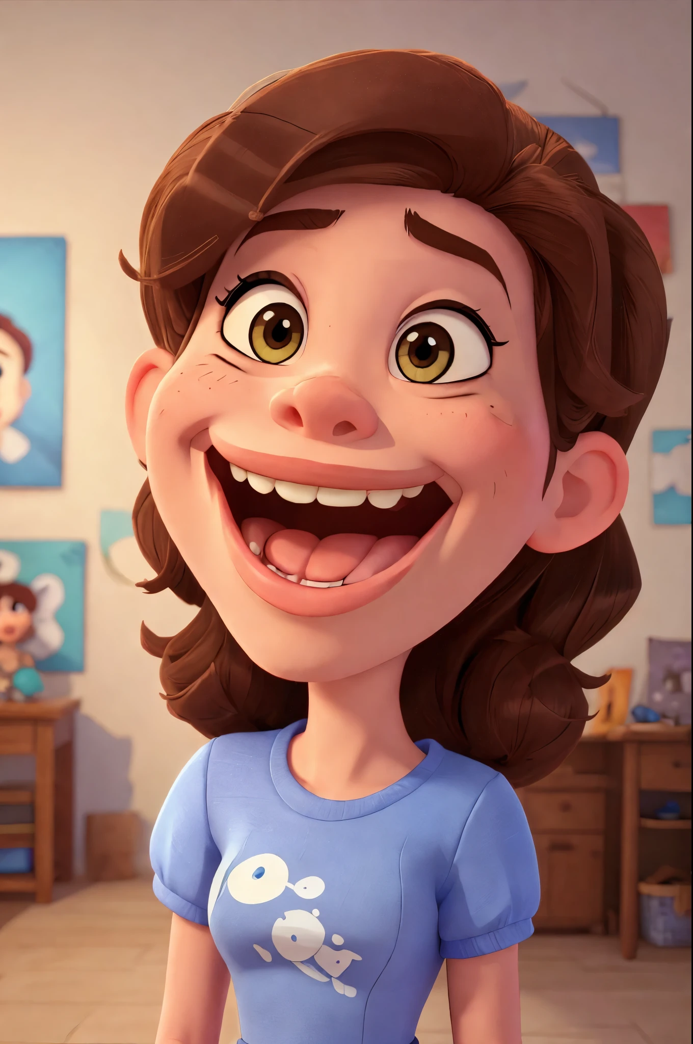 masterpiece,best quality,Perfect face,cute,A girl,lol,solo,teeth,expression,Big Mouth,exaggerated facial features,Cartoon Style