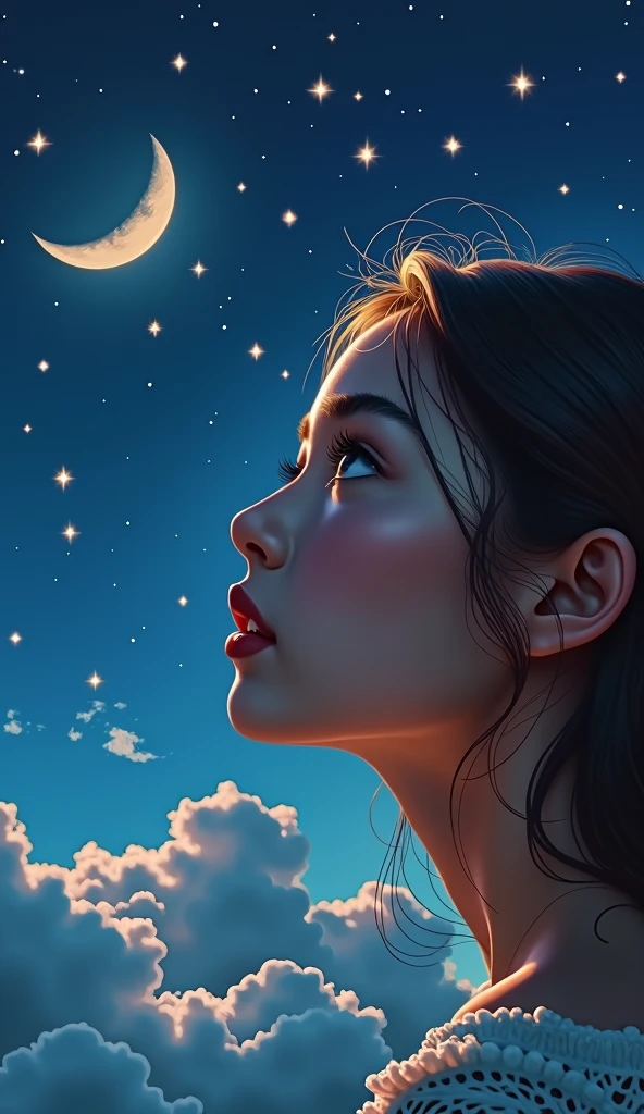 1girl, star-filled night sky, half moon, clouds, beautiful detailed eyes, beautiful detailed lips, extremely detailed face, long eyelashes, serene expression, (best quality,4k,8k,highres,masterpiece:1.2),ultra-detailed,(realistic,photorealistic,photo-realistic:1.37),painting,landscape,dramatic lighting,moody atmosphere,vibrant colors,dynamic composition