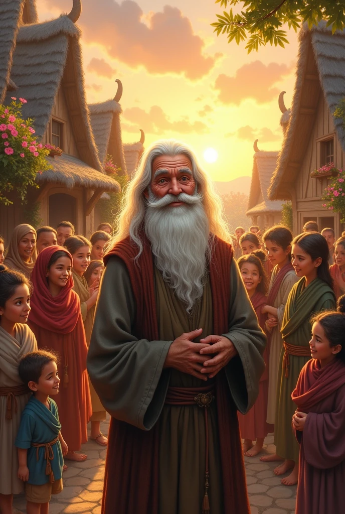 An elderly sage with a kind, wise expression stands in the center of a small village surrounded by villagers
