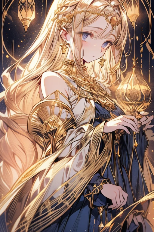 lamplight, beautiful woman, gold eyes, (Detailed eyes, The eyes are bright), Long blonde hair, pale-skinned, earrings, necklace, medium skin, dark blue dress, Meticulous gown, golden accessories on clothes, blue flowers on hair, (perfect anatomia), Highqualityshadow, natural lighting, (White highlights),overcast day, (starrysky), (shining)