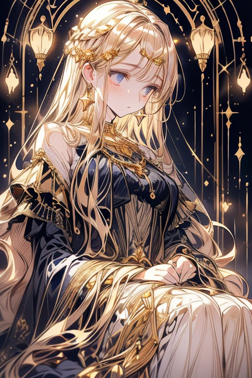 lamplight, beautiful woman, gold eyes, (Detailed eyes, The eyes are bright), Long blonde hair, pale-skinned, earrings, necklace, medium skin, dark blue dress, Meticulous gown, golden accessories on clothes, blue flowers on hair, (perfect anatomia), Highqualityshadow, natural lighting, (White highlights),overcast day, (starrysky), (shining)