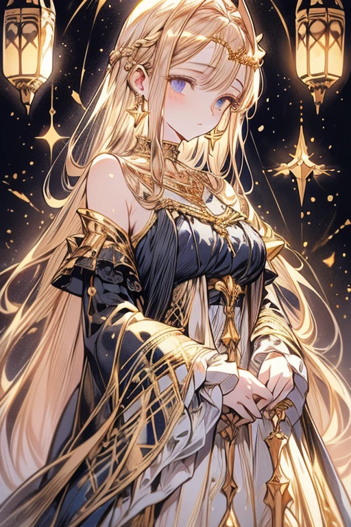 lamplight, beautiful woman, gold eyes, (Detailed eyes, The eyes are bright), Long blonde hair, pale-skinned, earrings, necklace, medium skin, dark blue dress, Meticulous gown, golden accessories on clothes, blue flowers on hair, (perfect anatomia), Highqualityshadow, natural lighting, (White highlights),overcast day, (starrysky), (shining)