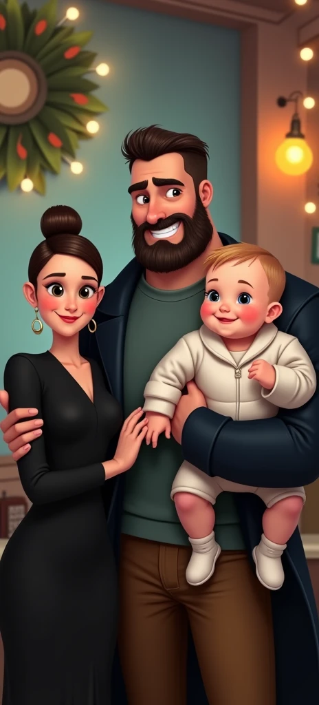 Happy family of 3 people, an adult couple and an 8-month-old baby. The father is in the center, he is wearing  dark blue coat and light blue shirt and brown pants, he is the tallest, big and strong, shaved bald hair and has a medium black Viking-style beard, with light brown eyes and a grumpy face. The father is holding the 8-month-old baby in his left arm. The eight-month-old baby has dark blond hair and big dark blue eyes, the baby is wearing light grey jumper and light brown pants and converse withe shoes. The mother has light brown hair and light brown eyes, her hair tied up and a beautiful smile, she is very beautiful and elegant. She is wearing black dress, Character should be colorful and have a fun, friendly look, with exaggerated, expressive features. Pixar style. 