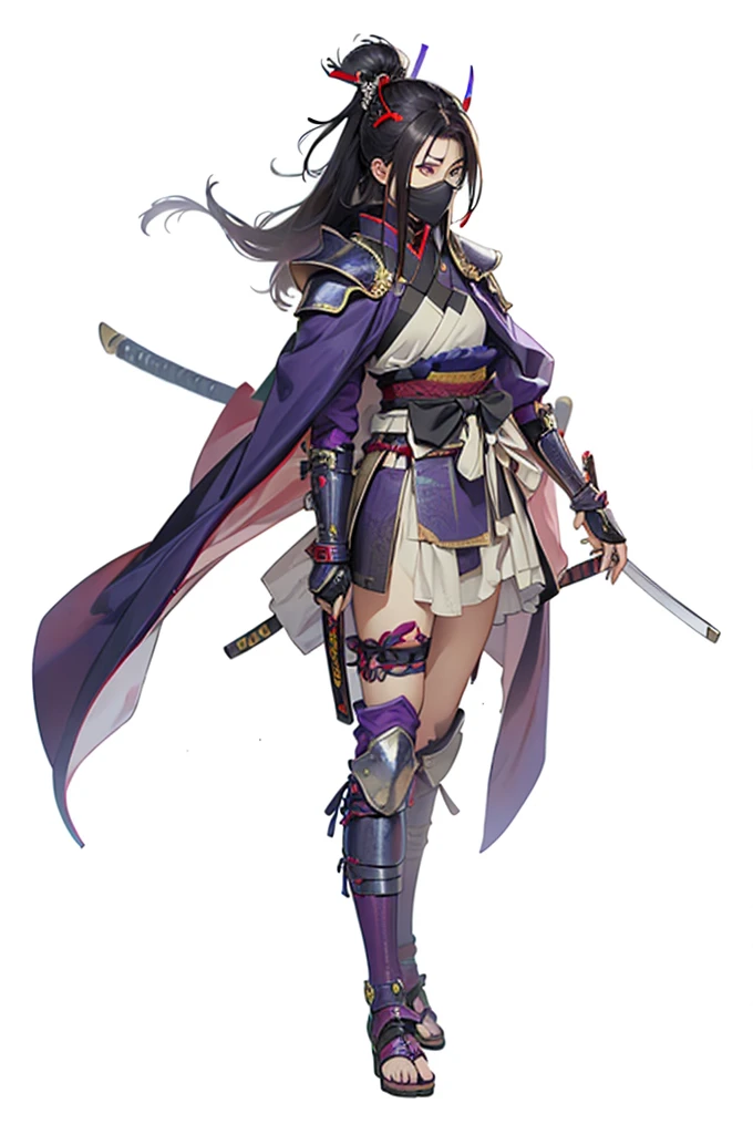 ((female ninja)), masterpiece image, high resolution image, ((samurai style shoulder armor)), ((samurai style knee armor)), samurai style shin guard armor, ((purple cape))