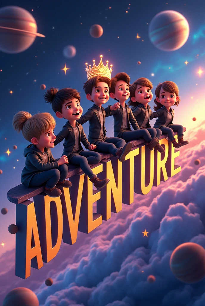 3D Animated of  boys and girls seating in text "ADVENTURER" with Crown . Wearing black and white jacket . the background is outer space