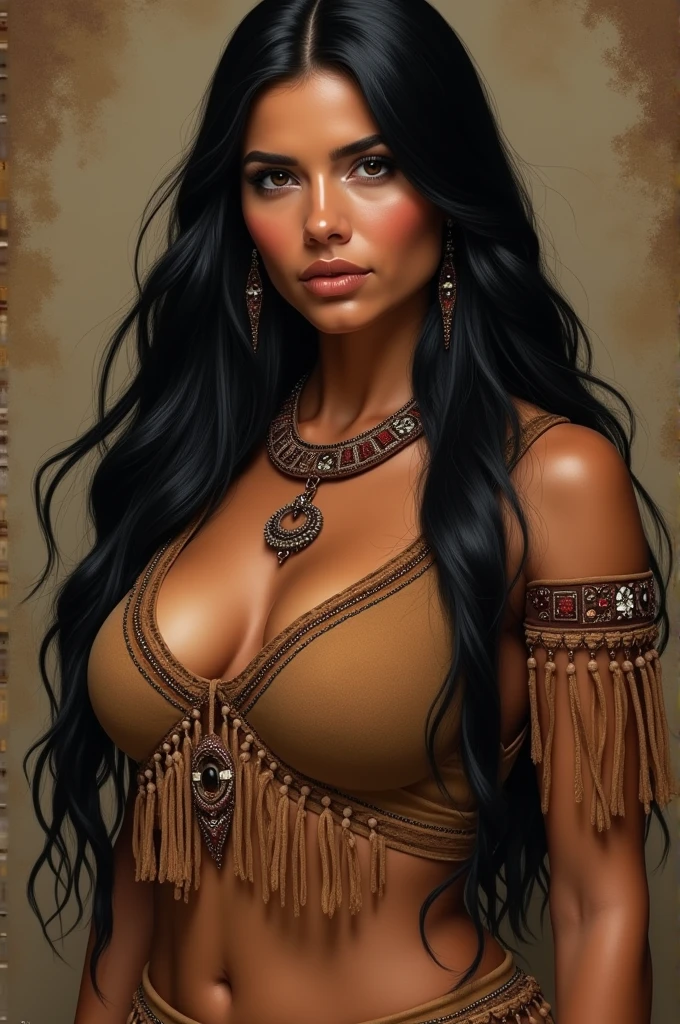 ((best quality)), ((masterpiece)), (detailed), beautiful Native American woman, mid-30s, caramel-colored skin, long and flowing black hair. soft heart-shaped face, dark brown eyes, full lips, traditional Native American clothing with beadwork and soft leather, curvaceous figure, voluptuous body, big breasts, big hips