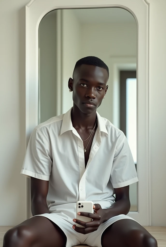 best qualityer:1.4), (ultra high resolution:1.2), (photorrealistic:1.4), (8k, CRU photo:1.2), a thin young man of 20 years old, skin black, with a smooth, beardless face, corte de cabelo buzzcut, is wearing a white short sleeve button down shirt, he is wearing white shorts. He's wearing white Vans sneakers. is wearing a thin silver chain, is sitting on a chair in front of the mirror to take a photo. The cell phone is an iPhone with a white case.