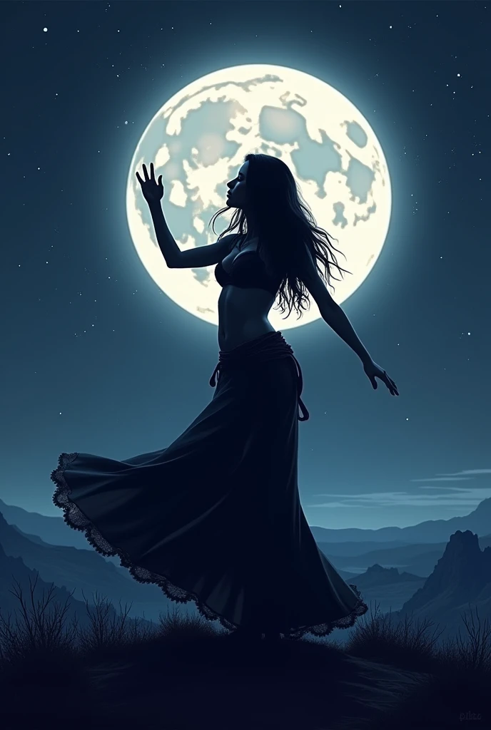 desert　full moon　Belly Dancer　silhouette　An illustration　night

