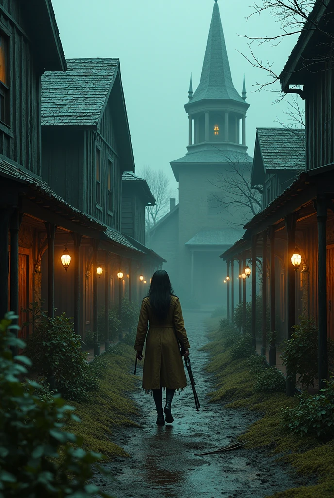 dark fantasy victorian gothic mixed with old west town old wooden buildings, swamp environment, red dead redemption and the hunt showdown, Bloodborne yharnam mix, a lone bounty hunter gunslinger in a trench coat wanders through the town shotgun hand, sandy muddy street, overgrown, gothic church, wooden coffins laying on the street, backwater swampy, Spanish moss covering dead trees, and buildings, atmospheric, night, lamp lit, moody, fromsoftware, concept art, dramatic lighting, ultra realistic, sharp details, high resolution, close-up on the character's face, a scary monster, a female character.