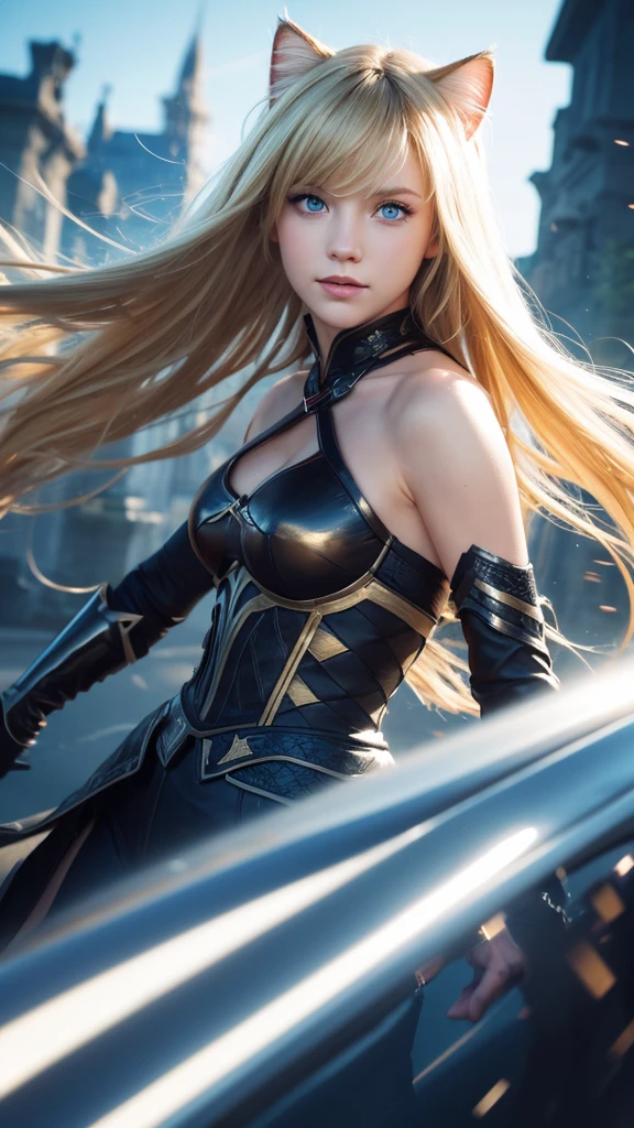 One person, High resolution, Long Hair, sight, Shortcuts, blonde, blue eyes, Cat ear, Portraits, far and near method, Motion Blur, figure, Fantasy Background,