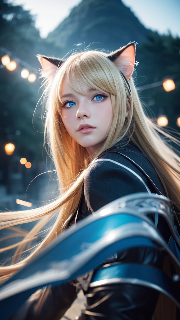 One person, High resolution, Long Hair, sight, Shortcuts, blonde, blue eyes, Cat ear, Portraits, far and near method, Motion Blur, figure, Fantasy Background,