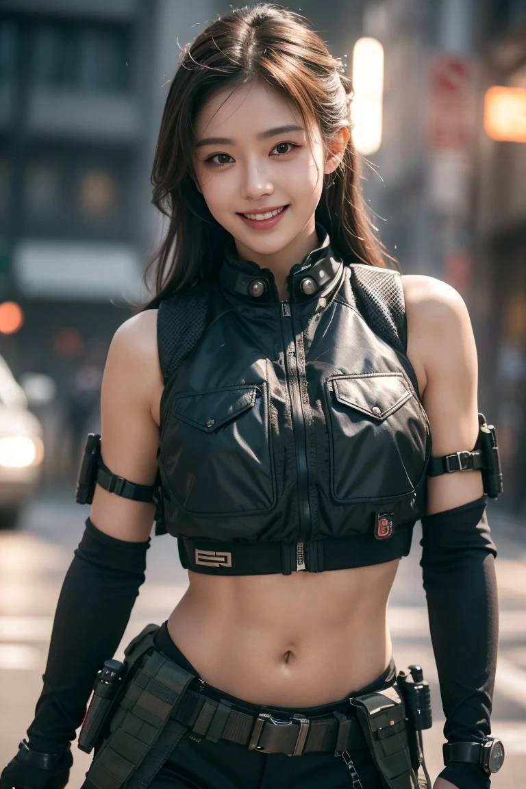 a beautiful girl ， Tactical Vest，Bulletproof vests，Goggles，Holding a gun，fully armed，Navel， cinematic lighting, masterpiece, anatomically correct, hyperrealistic, detailed skin texture, best quality, award-winning, 4K, super detailed, cowboy shot, light smile