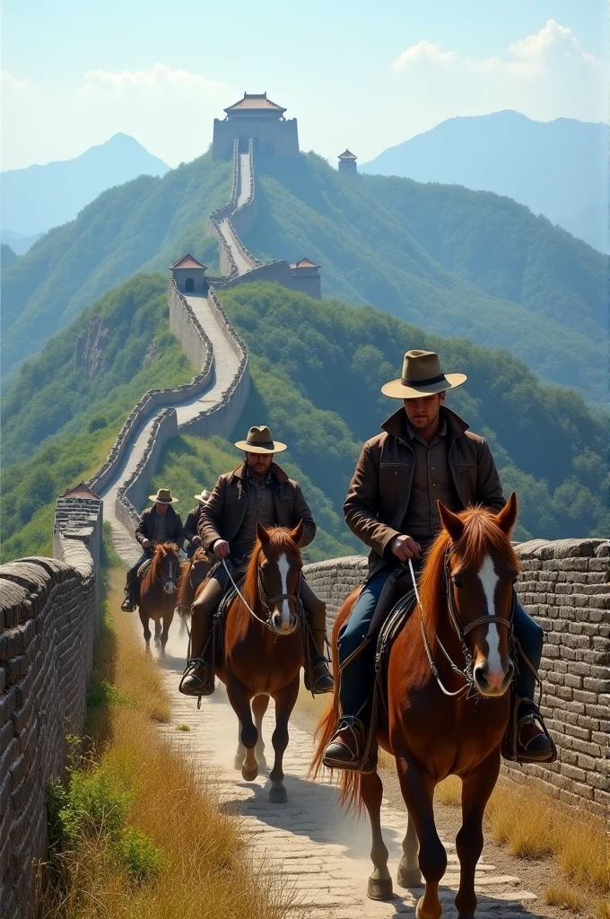 Des cowboys et leur troupeau sur la grande muraille de chine 
