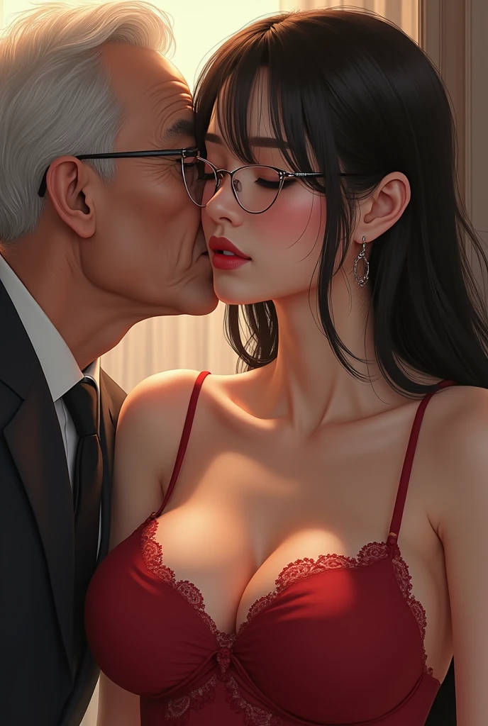 22 year old Korean woman with big breast, wearing red silky top , and black skirt , with glasses and ponytail hair, sitting in lap of her OLD fat boss in his office chair , her boss hand on her thighs and her expression are naughty and lusty, looks at camera while boss looks at her