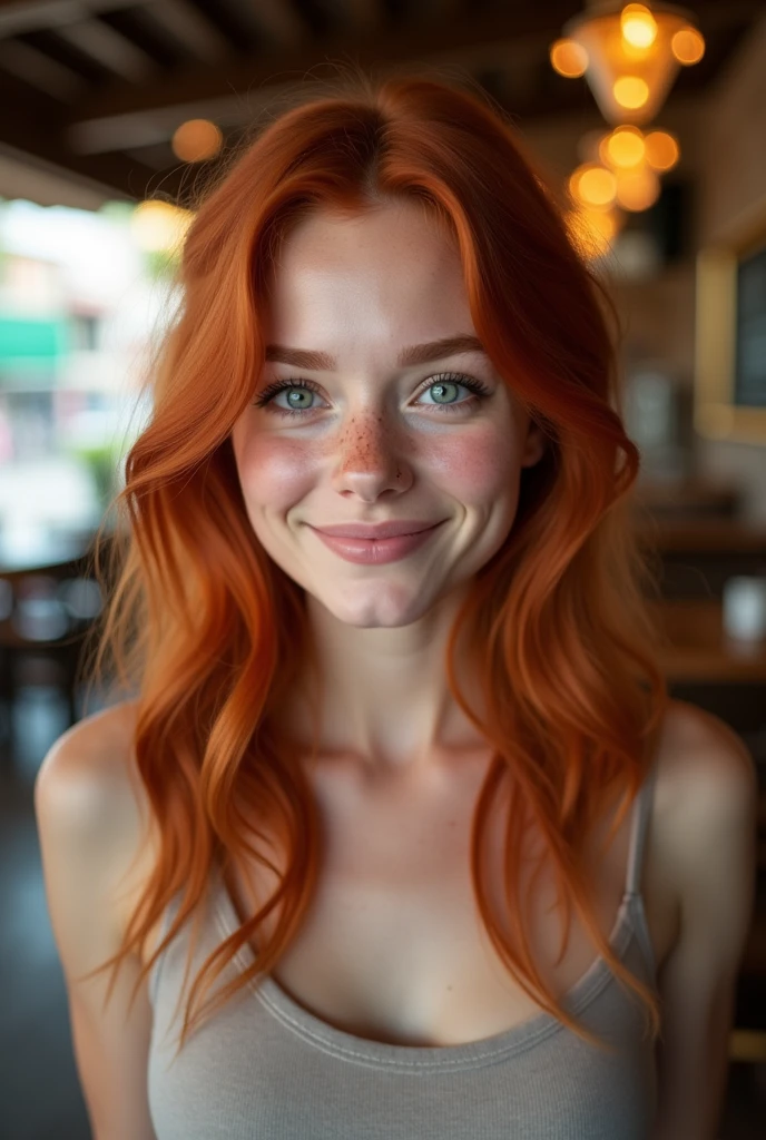 A cute redhead with blue eyes and not too full lips and a nice chest, realistic 