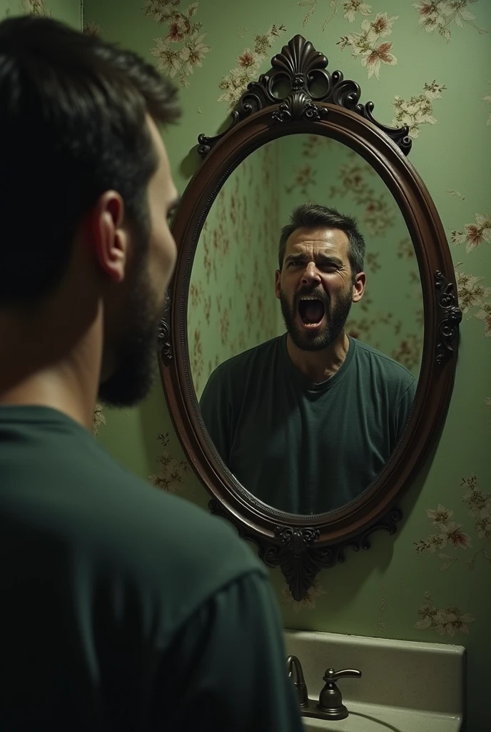 Man standing in front of mirror, mirror image is shouting at him