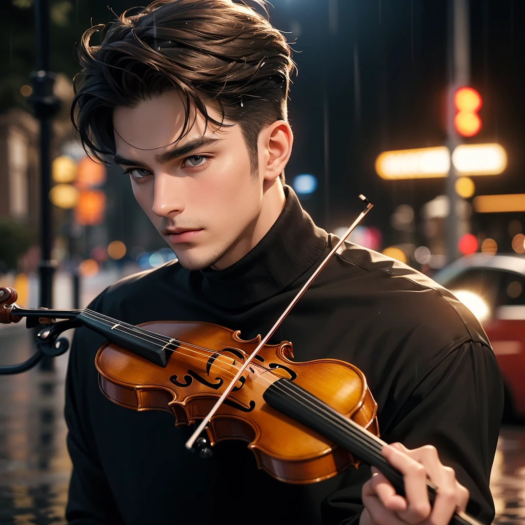 Top Quality, Masterpiece, Ultra High Resolution, close-up photo of a handsome man on the street, playing violin, on the night with pour rain, has short, messy dark brown hair, amber-colored eyes, typical clothing like a street busker in Paris, France; wear black turtleneck shirt, NO mustache or beard, white skin color slightly tanned.