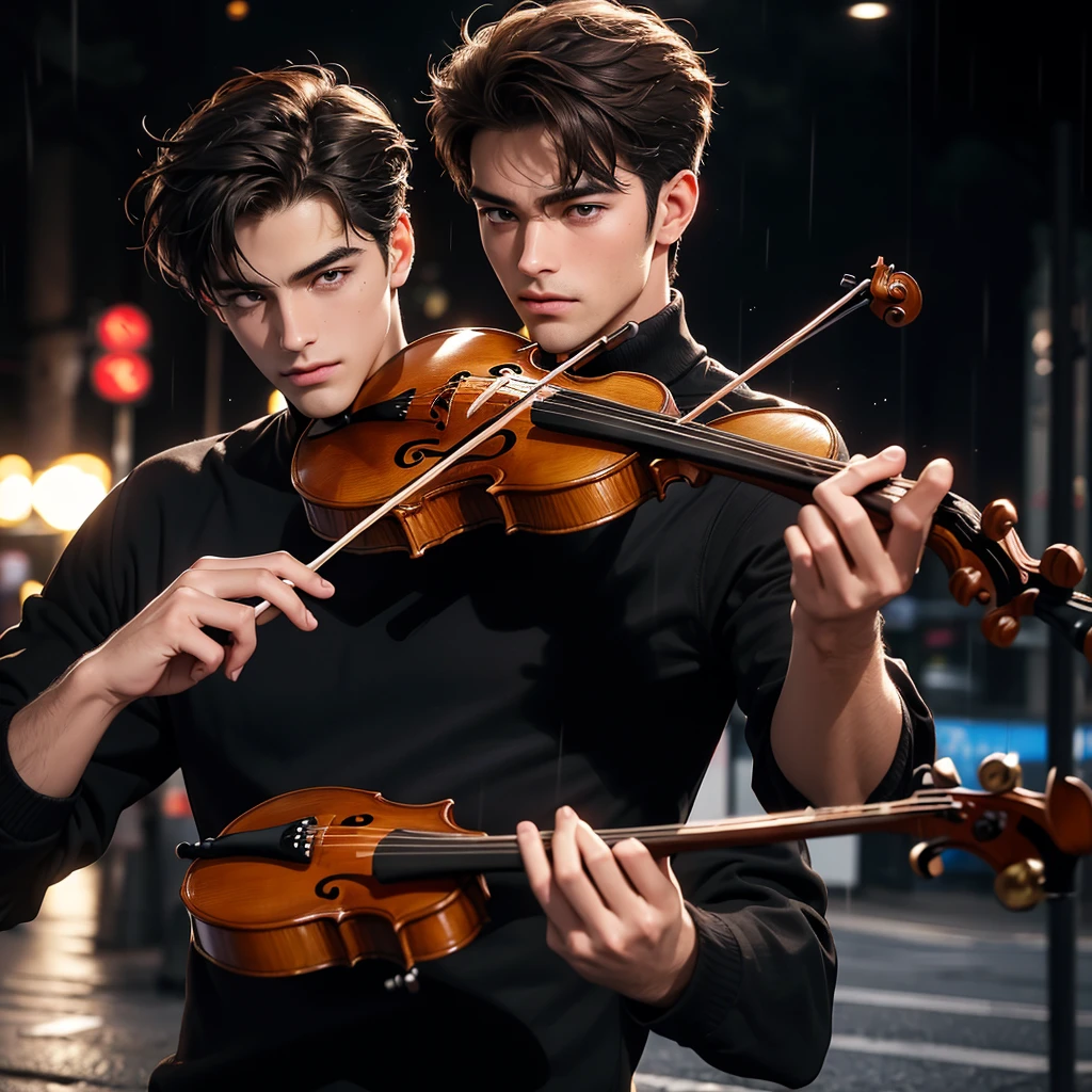 Top Quality, Masterpiece, Ultra High Resolution, close-up photo of a handsome man on the street, playing violin, on the night with pour rain, has short, messy dark brown hair, amber-colored eyes, typical clothing like a street busker in Paris, France; wear black turtleneck shirt, NO mustache or beard, white skin color slightly tanned.